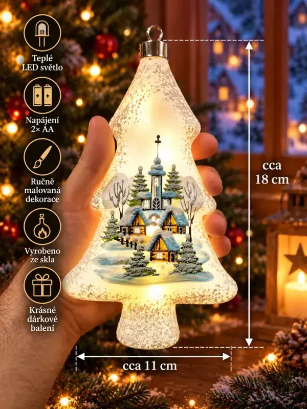 Vánoční ozdoba LED svítící skleněný stromeček VELKÝ BÍLÁ VÍSKA