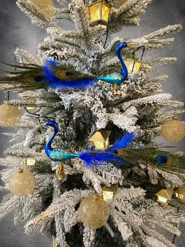 Vánoční skleněná ozdoba páv BLUE KING 2 ks