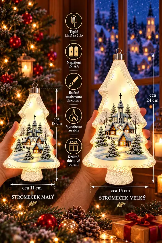 Vánoční ozdoba LED svítící skleněný stromeček VELKÝ BÍLÁ VÍSKA