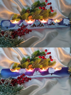 Vánoční skleněný svícen VÁLEC MODRÁ HŮRKA pro 4 svíčky, 1 ks