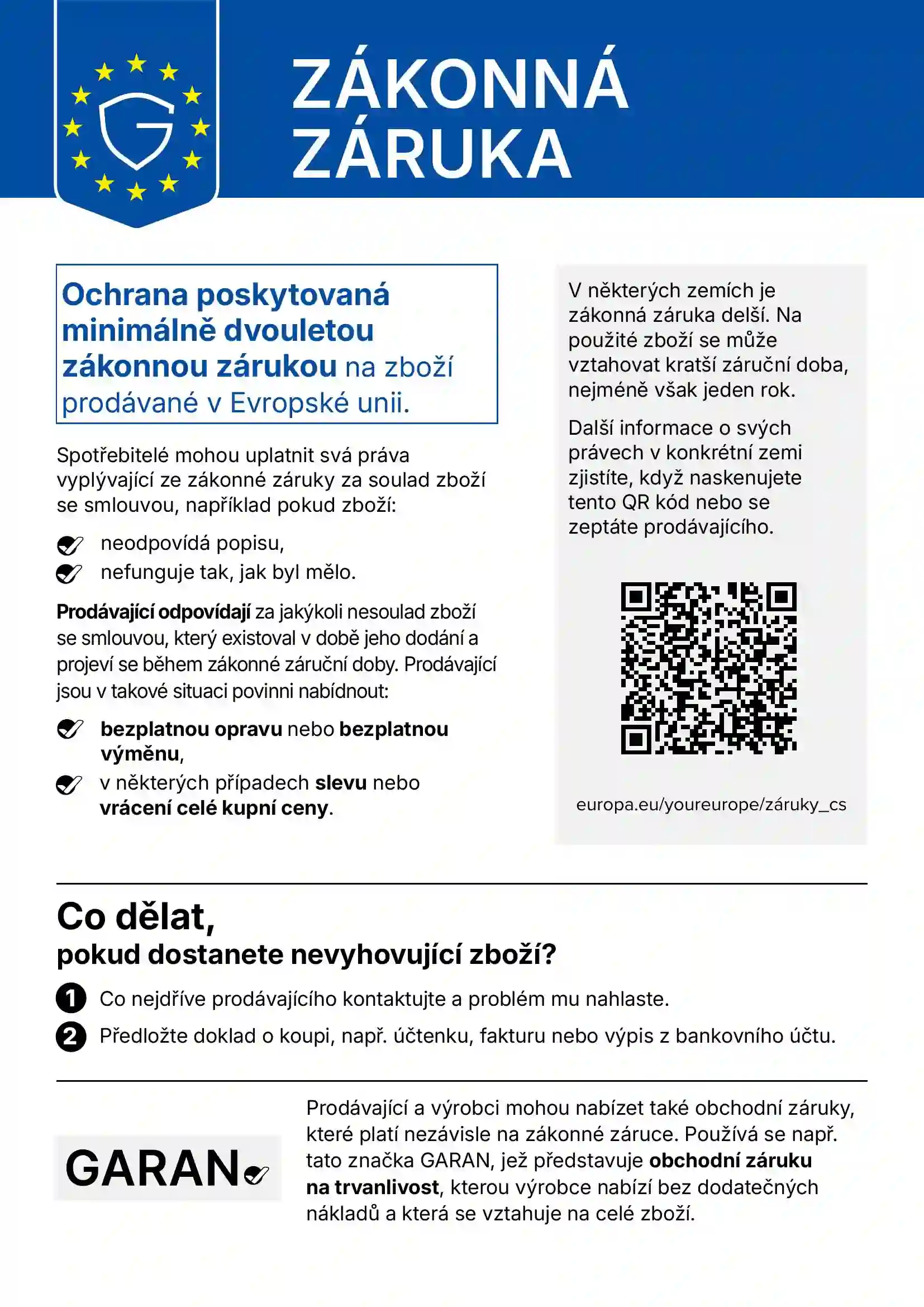 Zákonná záruka – informace pro spotřebitele Evropské unie