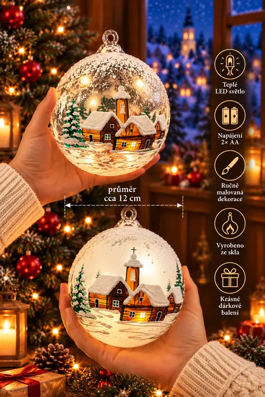 Vánoční ozdoba LED svítící skleněná koule BÍLÁ VÍSKA